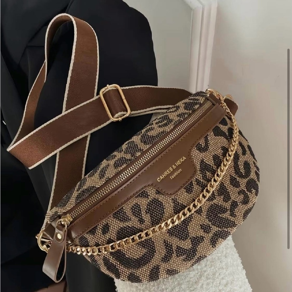 Charles & Keith Leopard Print Crossbody Bag with Gold Chain